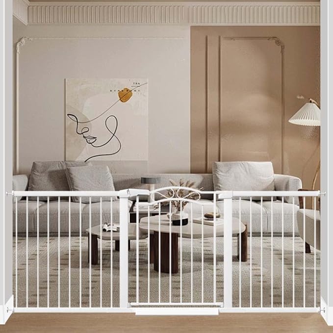 Fairy Baby 76.4"-81.8" Extra Wide Baby Gate Indoor for Stairs, Pressure Mounted Long Dog Gates for Doorways Walk Thru No Drill Pet Gates Child Safety Gate, White