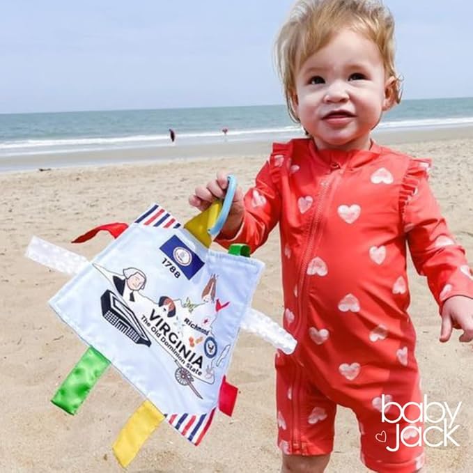 Baby Jack & Co 8x8” Learning Lovey Virginia State Tag Stroller Toy for Babies - Crinkle Toys for Developing Five Senses - Learn About Capitals - Travel with Baby Jack - BPA Free Clip