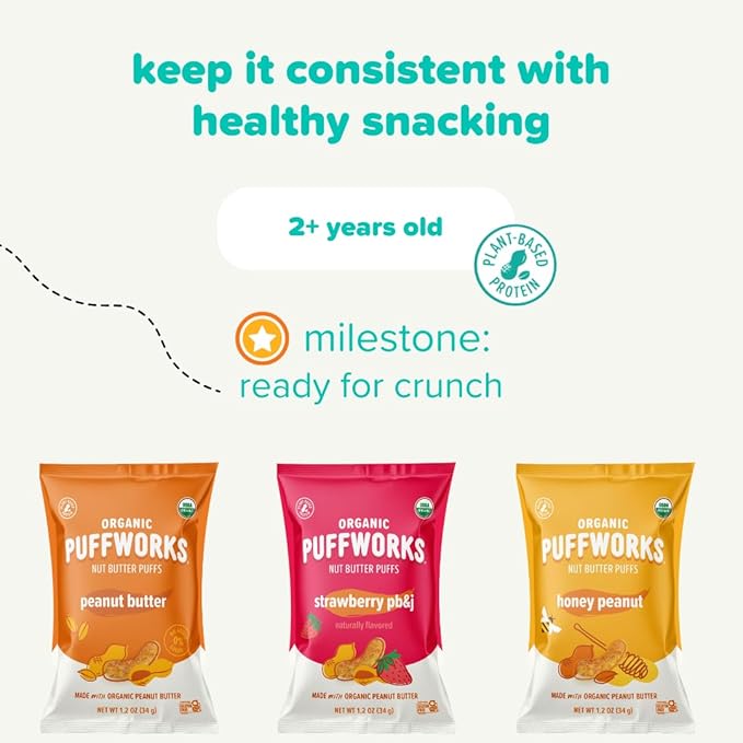 Puffworks Baby Organic Peanut Butter Puffs, Perfect for Early Peanut Introduction, Plant-Based Protein, USDA Organic, Gluten-Free, Vegan, Non-GMO, Kosher, 0.5 Ounce (Pack of 12)