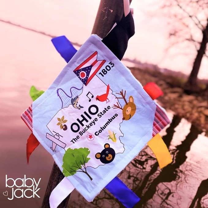 Baby Jack & Co 8x8” Learning Lovey Ohio State Tag Stroller Toy for Babies - Crinkle Toys for Developing Five Senses - Learn About Capitals - Travel with Baby Jack - BPA Free Clip