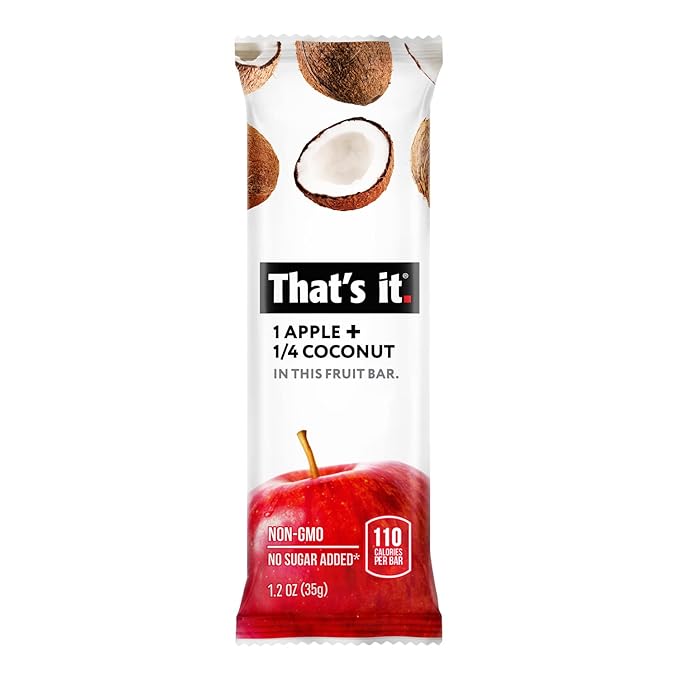That's it. Apple + Coconut 100% Natural Real Fruit Bar, Best High Fiber Vegan, Gluten Free Healthy Snack, Paleo for Children & Adults, Non GMO No Added Sugar, No Preservatives Energy Food (12 Pack)