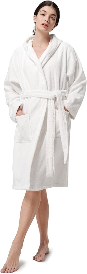 SIORO Womens Hooded Terry Cloth Robe, Cotton Absorbent Knee-Length Bathrobe, Housecoat with Pockets for Spa & Shower