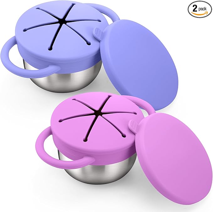 BUSOHA 2 Pack Stainless Steel Toddler Snack Cups - 9 OZ Spill-Proof Baby Snack Containers with Lid Travel Snack Containers for Kids Food Grade Silicone Dishwasher Safe