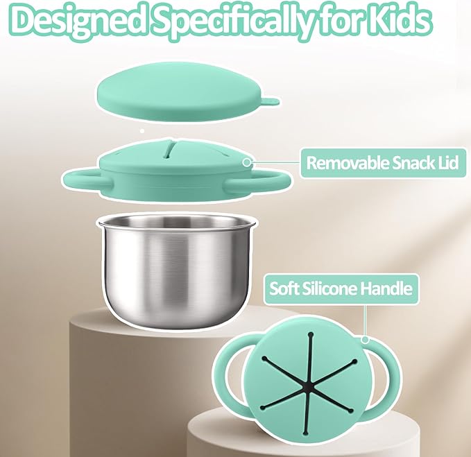 BUSOHA Stainless Steel Toddler Snack Cups - 9 OZ Spill-Proof Baby Snack Containers with Silicone Catcher and Lid Travel Snack Containers for Kids Food Grade Silicone Dishwasher Safe,Green
