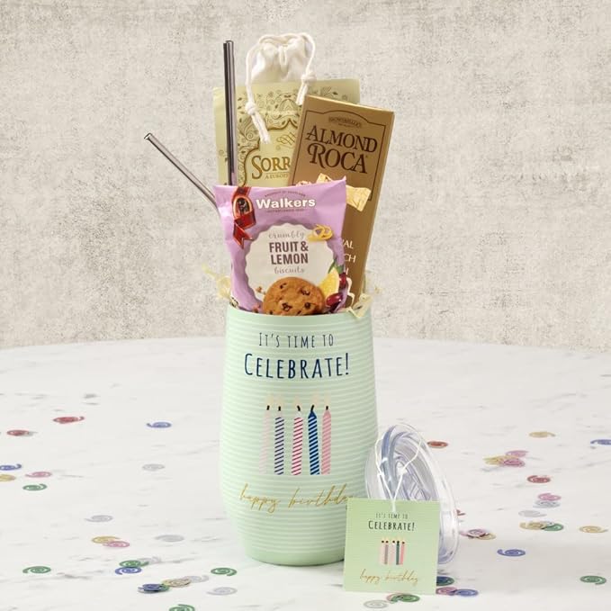Broadway Basketeers Happy Birthday Chocolate and Sweets Gift Mug Large 16oz. Insulated Gift Mug Includes 3 Piece Set of Metal Straws Birthday gift for Mom Dad Friends