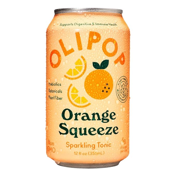 OLIPOP Prebiotic Soda Pop, Orange Squeeze, A New Kind of Soda Packed with Prebiotics, Fiber, and Botanicals, Gluten Free, Vegan, GMO Free, 12oz (12-Cans)