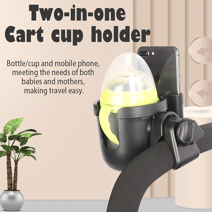 Stroller Cup Holder with Phone Holder, 2-in-1 Universal Cup Holder with Phone Mount for Walker, Wheelchair, Stroller, Cup Holder Attachment Fits Most Donna, Uppababy, Bugaboo