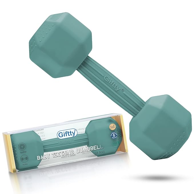 Baby Dumbbell Teether - Silicone Infant Teething Rattle Toddler Sensory Workout Toy - Durable, Safe Exercises Weight - Great Gift for Baby Boys & Girls (1pcs - Cadet Blue)
