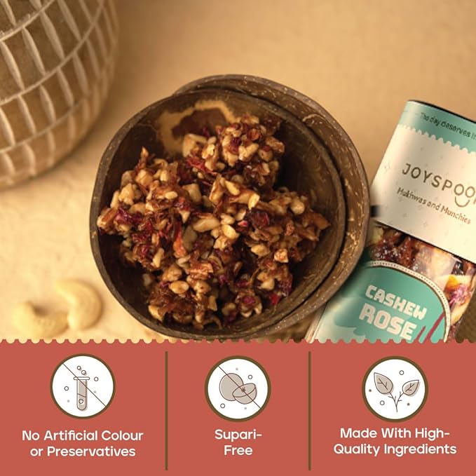 JoySpoon Cashew Rose Mukhwas Mouth Freshener | Supari-Free Mouth Freshner with Almonds, Coconut, Dates & Fennel Seeds | Traditional Mouth Fresheners | 200g