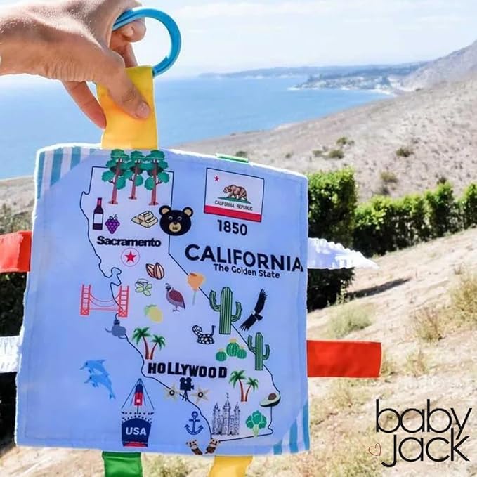Baby Jack & Co 8x8” Learning Lovey California State Tag Stroller Toy for Babies - Crinkle Toys for Developing Five Senses - Learn About Capitals - Travel with Baby Jack - BPA Free Clip