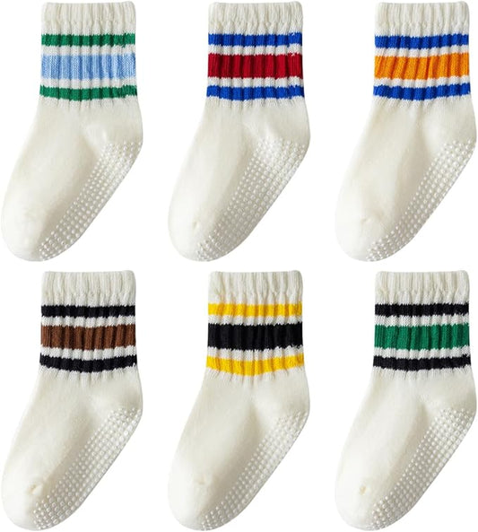 Toddler Grip Socks with Non-Slip, Unisex Baby Retro Stripe Seamless Crew Ankle Cotton Socks for Girls Boys 6 Pairs