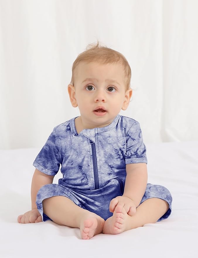 Jimonda Baby Girl Boys Rayon From Bamboo Pajamas 3 Pack Short Sleeve Footless Romper 2 Way Zipper Tie Dye Pjs Sleeper 0-24M