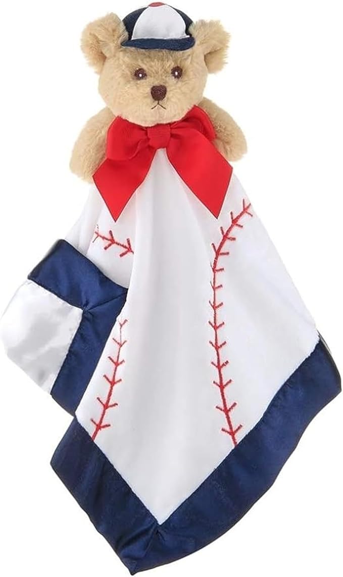 Bearington Collection Lil’ Slugger Snuggler Plush Baseball Lovey for Baby - 15 in Plush & Satin Security Blanket - Soft Teddy Bear Infant & Toddler Baseball Baby Blanket for Napping