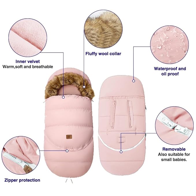 Fairy Baby Winter Cold Universal Stroller Bunting Bag for Baby Toddler-Waterproof Windproof Car Seat Cover Stroller Footmuff - Dog Outdoor Sleeping Bag with Oversized Fur Collar (Pink)
