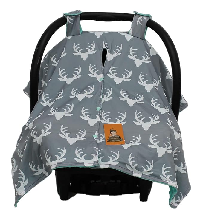 Dear Baby Gear - 40x30 Car Seat Canopy, Infant Carrier Cover for Boys & Girls, Cozy Fall Baby Gift, Nursing & Stroller Use, Newborn Travel Sunshade Accessory, Antlers on Gray, Mint Dot