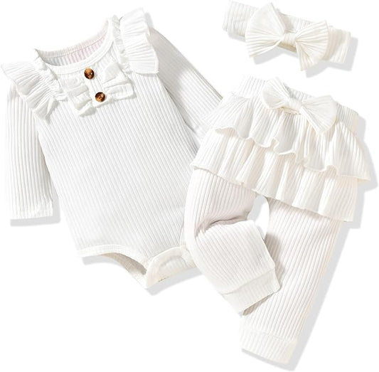 Aalizzwell Preemie Newborn Infant Baby Girls Clothes Ribbed Bodysuit Pants Set Fall Winter Outfits