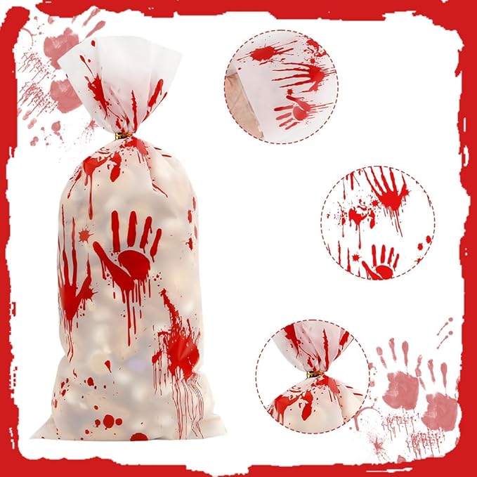 100 PCS Halloween Cellophane Bags(5.1x10.6 Inch) with Ties Horror Ghost Blood Theme Trick or Treat Bag Goodie Candy Gifts Bags Pouches for Halloween Wicked Party Favors Supplies Birthday Decorations