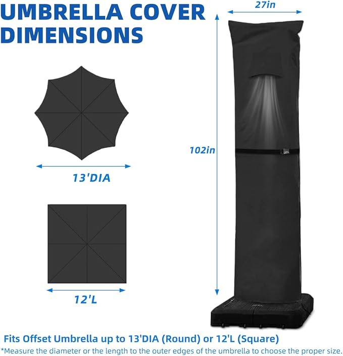 Patio Umbrella Parasol Cover with Air Vent,600D and Waterproof Cantilever Umbrella Covers, Anti-UV Umbrella Covers with Telescopic Support Pole (3-Black, Cantilever 9'-13')