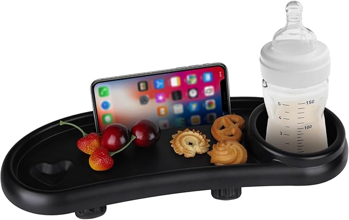 Stroller Snack Tray,Adjustable Snack Tray for Stroller with Cup Holder and Phone Holder,Enlarged Thickened Accessories, Non-slip Handle Clip Suitable for Round Tube Flat Tube Handrails