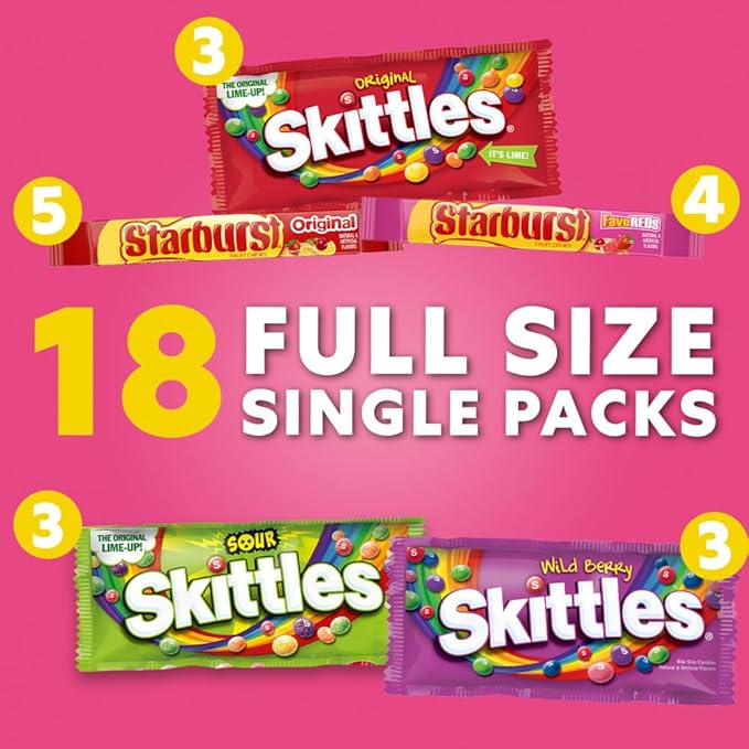 SKITTLES & STARBURST Variety Pack Full Size Chewy Candy Assortment, 37.05 oz, 18 Bars