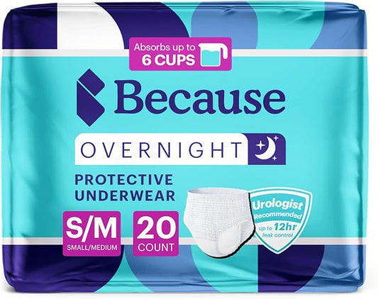 Because Overnight Absorbency Pull Ups - Adult Disposable Incontinence Underwear, Extra Absorbent Nighttime Briefs for Men and Women, White, Small/Medium, 20 Count