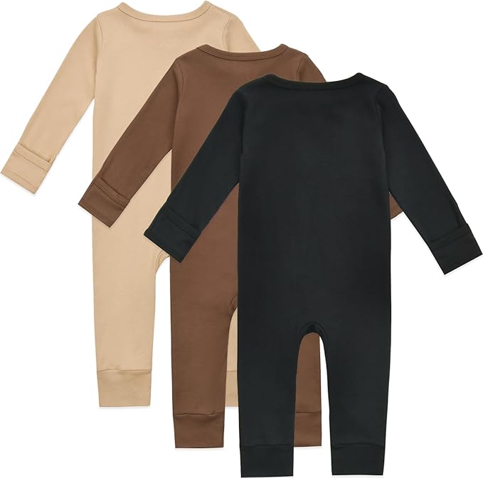 Aablexema Baby Cotton Fooltess Pajamas with Mitten, 3-pack Infant Romper Zip Up One Piece Jumpsuits Outfit