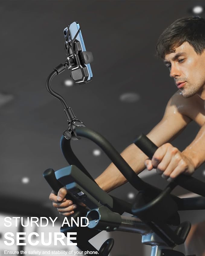 woleyi Gooseneck Spin Bike Phone Mount, Handlebar Clip Cell Phone Holder for Exercise Bicycle, Stationary Cycling, Stroller, Gym Treadmill, Mic Stand for iPhone 16 Pro Max/15/14/13/12, All Smartphones