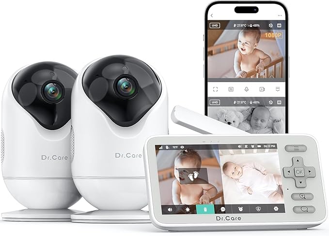 Dr.Care VistaView Lite Smart WiFi Baby Monitor with 2 Cameras- 4” 720P Split Screen & 1080P Camera App Control, Motion Alerts, Night Vision, 3000mAh Battery, 2-Way Talk, Triple Security, 1000ft Range