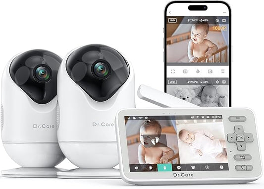 Dr.Care VistaView Lite Smart WiFi Baby Monitor with 2 Cameras- 4” 720P Split Screen & 1080P Camera App Control, Motion Alerts, Night Vision, 3000mAh Battery, 2-Way Talk, Triple Security, 1000ft Range