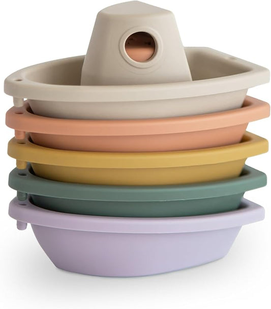 mushie Stackable Bath Boats Toy (Rustic) | Floating Bathtub Toys for Baby & Toddler, Set of 5 | Made in Denmark