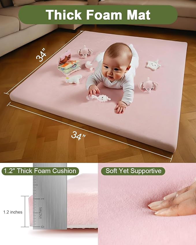 Baby Play Gym with Soft Foam Mat – Removable & Machine Washable Cover, Velvet Tummy Time Mat with 6 Sensory Toys, Non-Slip Activity Mat for Infant Development, Newborn Essentials Gift, Pink