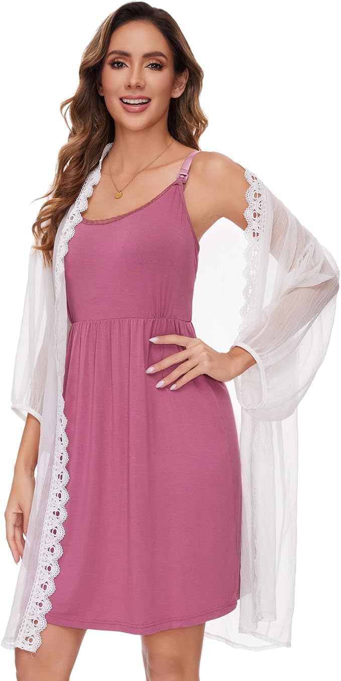 Sosolism Nursing Nightgown for Breastfeeding Summer Maternity Pajamas Dress Clip Down Pumping Sleep Gown with Padded