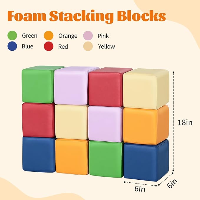 Foam Building Blocks for Toddlers：12-Pieces Wipeable Leather Stacking Cubes Kids - Large Soft Toys Play Set for Learning Construction Baby Preschool Daycare Therapy Birthday Gift (Rainbow)