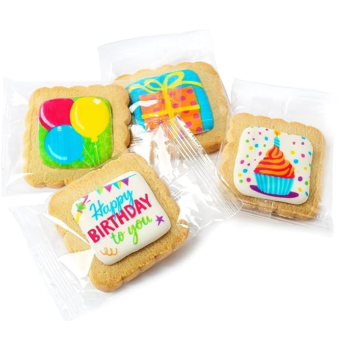 Happy Birthday Cookies 24 PACK INDIVIDUALLY WRAPPED Party Favors Gift Basket for Kids Men Women | Decorated Sugar Cookie Gift Box | Nut Free