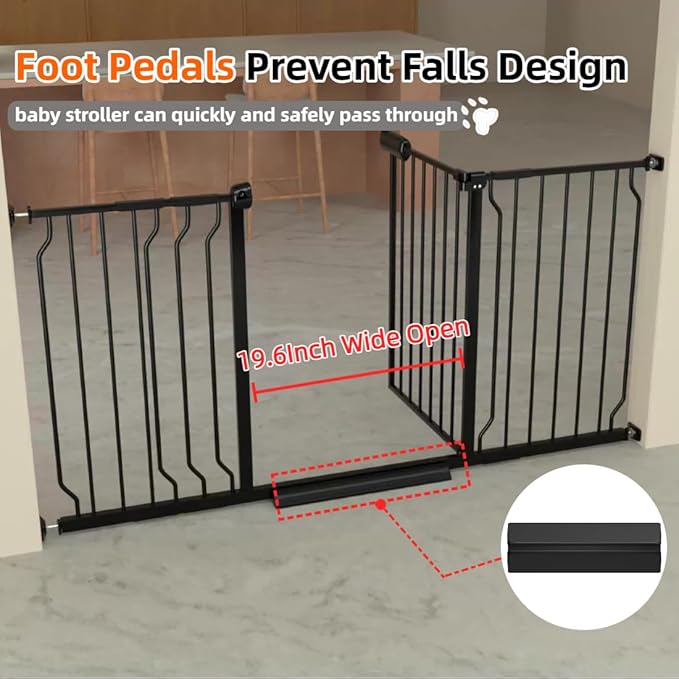62.2"-71.65" Extra Wide Auto Closing Baby Safety Gate for Stairs & Doorways, Pressure Mounted No Drill Pet Gate with Walk-Through Door - Heavy Duty Childproof Gate for Toddlers, Kids, Dogs (Black)
