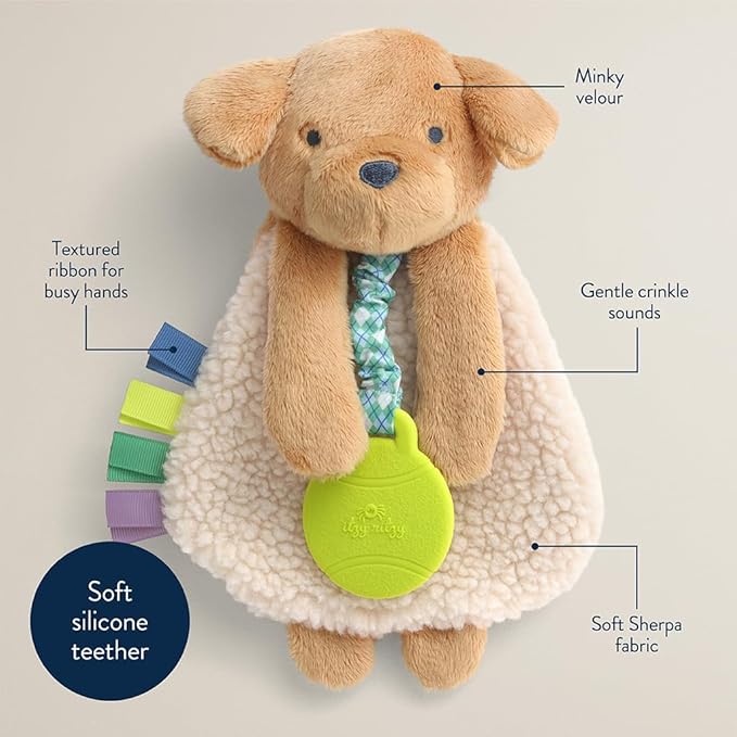 Itzy Ritzy - Itzy Lovey Including Teether - Baby Lovey with Teether, Textured Ribbons & Dangle Arms - Features Crinkle Sound, Sherpa Fabric and Minky Plush (Puppy)