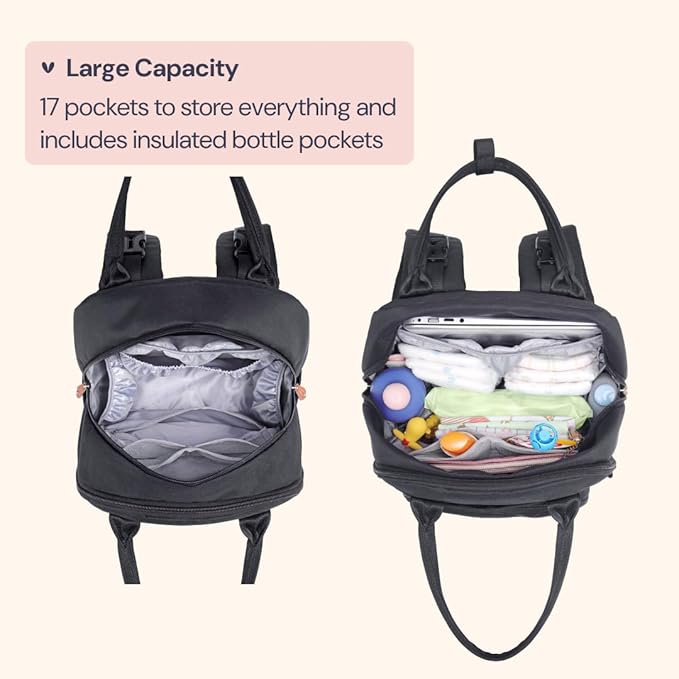 BabbleRoo Diaper Bag Backpack - Baby Essentials Travel Tote - Multi Function Water Resistant Diaper Bag, Travel Essentials Baby Bag with Changing Pad, Stroller Straps & Pacifier Case - Unisex, Black