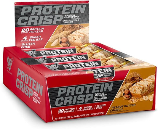 BSN Protein Bars - Protein Crisp Bar by Syntha-6, Whey Protein, 20g of Protein, Gluten Free, Low Sugar, Peanut Butter Crunch, 12 Count