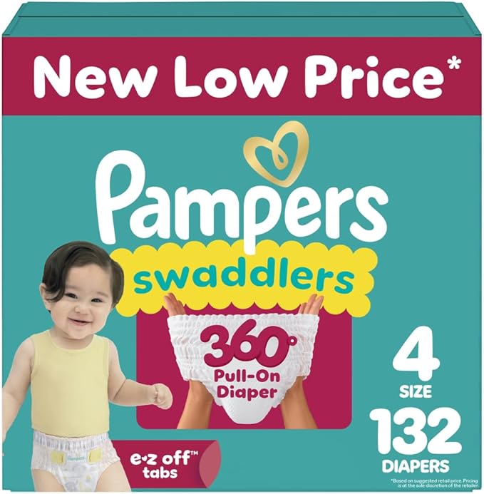 Pampers Diapers - Swaddlers 360° - Size 4, 132 Count, up to 100% Leakproof Comfy Dry Fit, Designed for Easy Changes, Pull On Baby Diaper (Packaging May Vary)