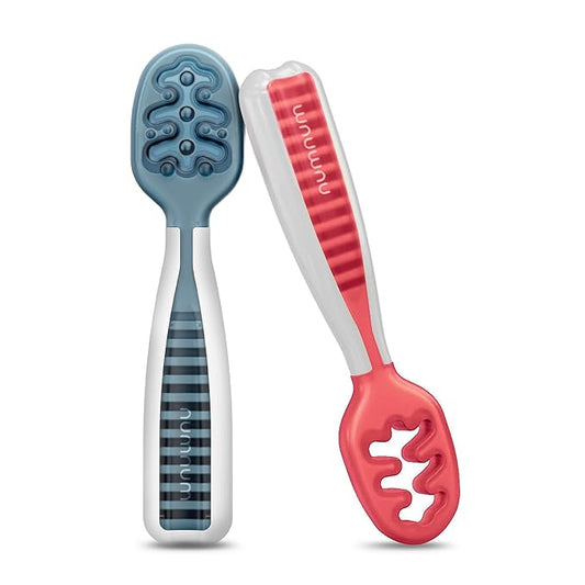 NumNum Baby Spoons Set, Baby Essentials Pre-Spoon GOOtensils for 6+ Months, First Stage Self-Feeding Spoons for Baby Led Weaning (BLW), Silicone Toddler Utensils, BPA-Free, 2 Pack Blue/Red