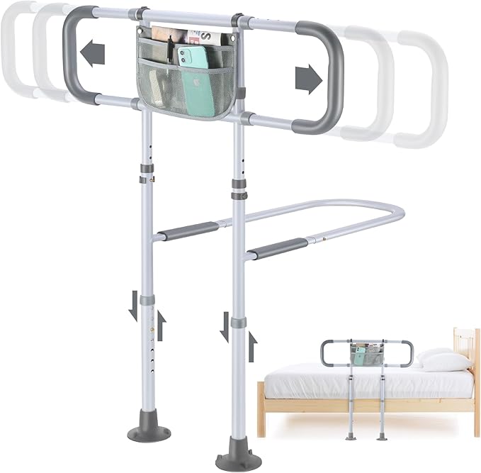 Bed Rails for Elderly Adults Safety, Sturdy Beds Assist Rail for Seniors; Adjustable Beds Rail Stable Bed Cane Guard with Extended Handle Bar - Fit King Queen Full Twin Bed