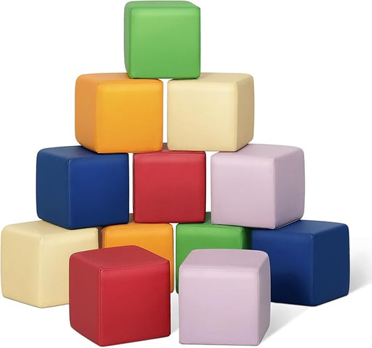Foam Building Blocks for Toddlers：12-Pieces Wipeable Leather Stacking Cubes Kids - Large Soft Toys Play Set for Learning Construction Baby Preschool Daycare Therapy Birthday Gift (Rainbow)