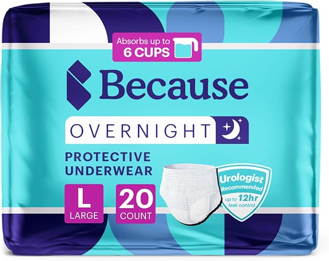 Because Overnight Absorbency Pull Ups - Adult Disposable Incontinence Underwear, Extra Absorbent Nighttime Briefs for Men and Women, White, Large, 20 Count