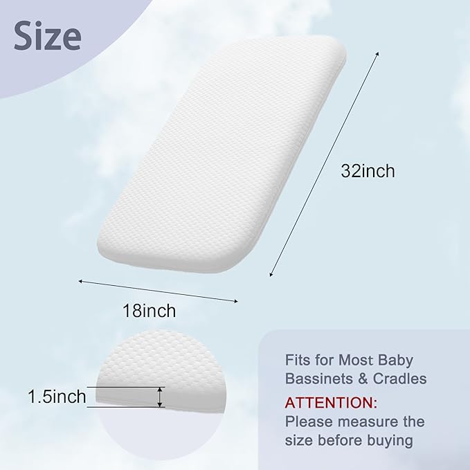 Lisara Baby Bassinet Mattress, 32 x 18 Dual Sided Gel Memory Foam Mattress with Waterproof, Removable and Breathable Ice Silk Cover, Fit for RONBEI Bassinet, Ingenuity Foldaway and Cuddor Bassinet