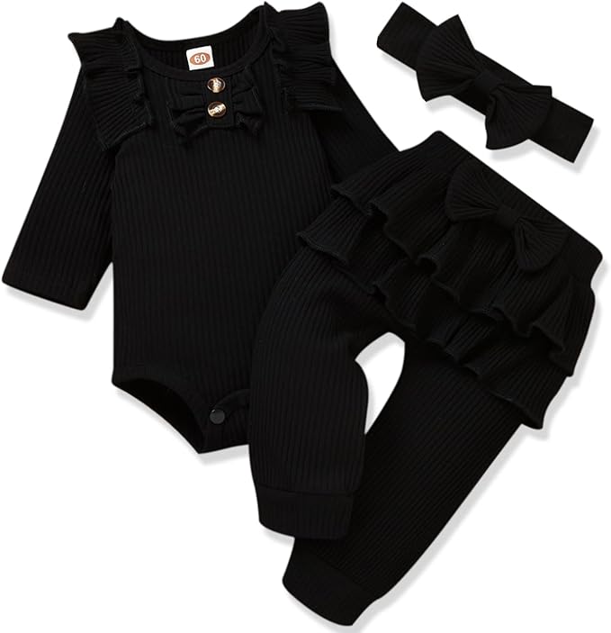 Aalizzwell Preemie Newborn Infant Baby Girls Clothes Ribbed Bodysuit Pants Set Fall Winter Outfits
