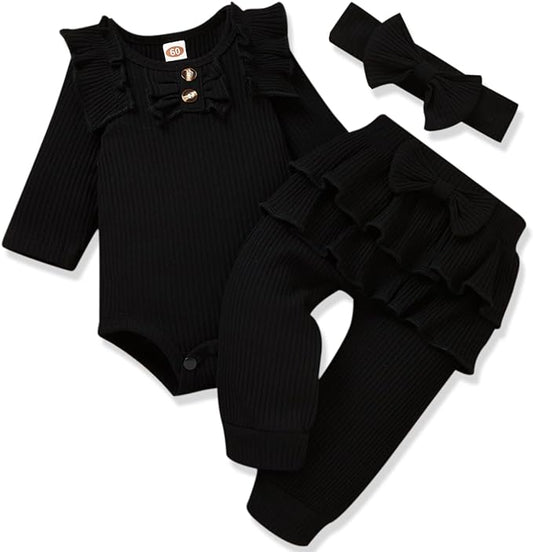 Aalizzwell Preemie Newborn Infant Baby Girls Clothes Ribbed Bodysuit Pants Set Fall Winter Outfits