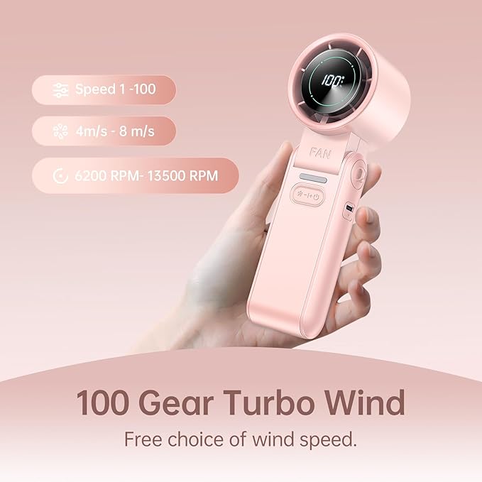 3-in-1 Portable Handheld Turbo Fan-100 Speeds, 13500RPM, 12Hrs Cooling, Digital Display, 120° Rotation, USB Rechargeable Mini Hand Held Personal Fan for Travel, Makeup, Outdoor, Indoor (Pink)