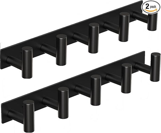 Coat Rack Wall Mounted with 5 Hooks,Metal Wall Hooks for Hanging Towel Coat Bag, Stainless Steel Coat Hooks Hat Rack Coat Hanger Towel Hooks for Entryway Bathroom Kitchen (Black, 2 Packs)