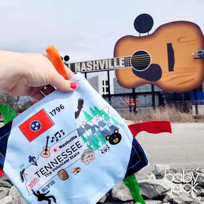 Baby Jack & Co 8x8” Learning Lovey Tennessee State Tag Stroller Toy for Babies - Crinkle Toys for Developing Five Senses - Learn About Capitals - Travel with Baby Jack - BPA Free Clip