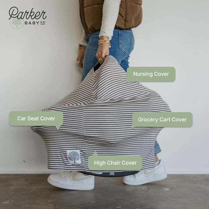 Parker Baby 4 in 1 Car Seat Cover for Girls and Boys - Stretchy Carseat Canopy, Nursing Cover, Grocery Cart Cover, High Chair Cover - “Pewter/Snow Stripes”